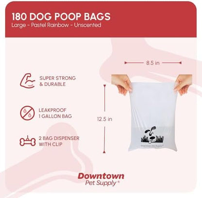 Downtown Pet Supply Unscented Poop Bags for Dogs with Dispenser, 180 Count - Leak-Proof Dog Waste Bags and Bone-Shaped Dog Poop Bags Holder for Leash - Pastel Rainbow, 12.5" x 8.5"