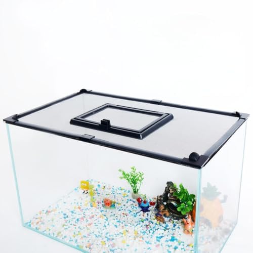 Magnetic Fish Tank Cover with Feeding Window Dark Grey Frame Grey Fiberglass Net,DIY Fish Tank Lid Adjustable Size Fit Tank Size Max 35''X19'' for Preventing Fish from Jumping Out and Reptile Escaping