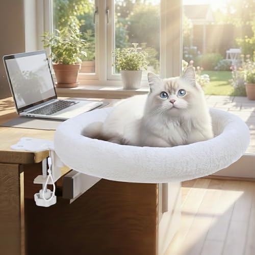 Cat Desk Bed,Steel Cat Bed for Desk,Easy to Assemble,Machine Washable and Detachable Easy to Clean,180° Rotating Cats Hammock Desks for Office Game Tables,Supports to 40lbs(White)
