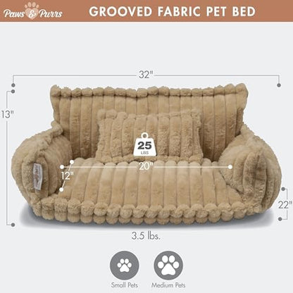 Grooved Pet Bed for Small to Medium Dogs or Cats, Soft Ribbed Corduroy-Style Polyester Fabric, Supportive Bolsters, Removable Cover, Non-Slip Base, Sofa Pet Lounger with Mini Play Cushion, Camel