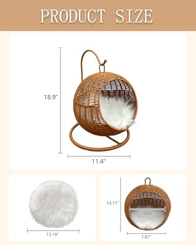 Wicker Cat Bed Indoor & Outdoor, Handwoven PP Rattan Cat Swing Bed with Removable Washable Cushion, Breathable Waterproof Cat House for Cats & Small Dogs (Small–11.4" L × 18.9" H)