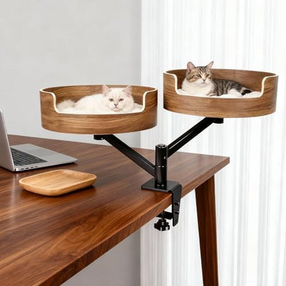 Double Cat Desk Bed with 2 Pet Mat ，360° Rotation ，Walnut Wood Finish，Space-Saving Perch Adjustable Cat Bed Desk Easy Install - Suitable for Indoor Furniture for Office & Game Tables