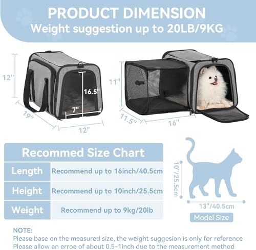 Petsfit 19"X12" X12" Expandable Pet Carrier, Square Expansion Reduces Pet Anxiety, Escape-Proof Self-Locking Zippers, 3 Easy-Access Entrances, for Cats & Small Dogs up to 18 lbs