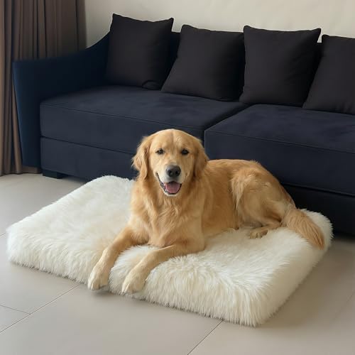Faux Fur Orthopedic Rectangular Dog Bed, Memory Foam, White Large 41"x27"
