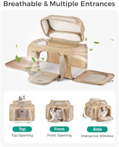 Pet Carrier Airline Approved 18x13x9.5 in, Soft-Sided Top-Expandable, Brown