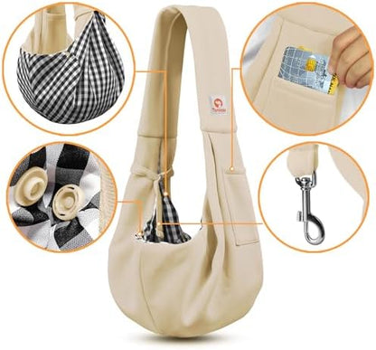 Tomkas Small Dog Cat Sling Carrier Puppy Purse Travel Wrap Soft Crossbody Pet Bag (Cream, M - Classic Pocket & Classic Strap)