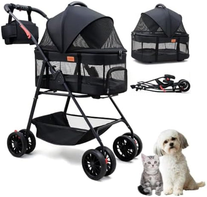 Bicystar 3 in 1 Pet Stroller, Cat Stroller w/Detachable Carrier, Black