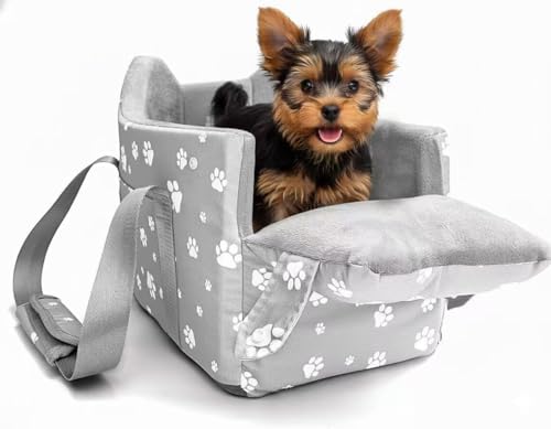 Center Console Dog Car Booster Seat for Small Dogs 0-15 lbs - Grey Pet Travel Carrier Safety Leash, Detachable Seat Belt & Storage Pockets