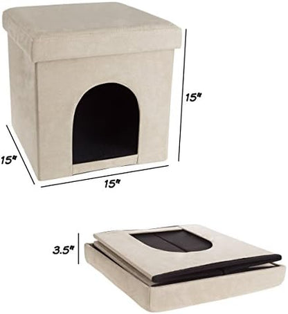 Pet House Ottoman - Collapsible Multipurpose Small Dog or Cat Bed Cube and Footrest with Cushion Top and Interior Pillow by PETMAKER (Microsuede Tan)