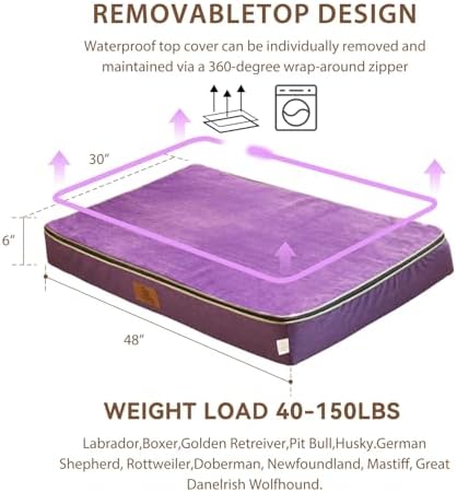 LIORCE Orthopedic Memory Foam XXL Dog Bed - 6" Thick Beds for Extra Large Sized Dog - Waterproof Removable Washable Cover & Wrap-Around Zipper - Ultimate Comfort & Easy Maintenance, Purple