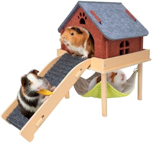 BESNEW 3 in 1 Enlarged Guinea Pig Hammock,Wooden Guinea Pig Hideout with House & Platform & Stairs Small Animal Toys for Hiding Sleeping Activities