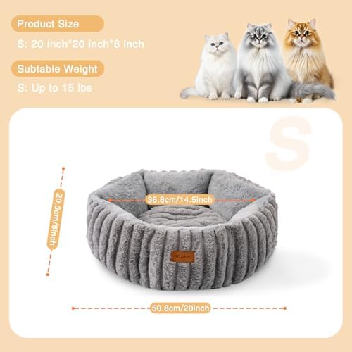 Cat Bed, Washable Round Cat Beds for Indoor Cats, Super Soft Faux Rabbit Fur Pet Bed for Puppy and Kitten with Anti-Slip Bottom (Grey, 20"x20"x8")
