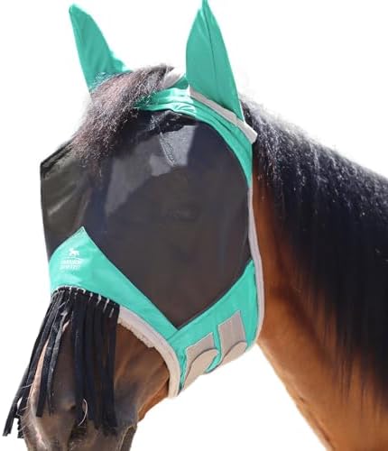Harrison Howard CareMaster Horse Fly mask with Ears and Nose Fringe Fly Protector Defender Mask Summer Mint Full Size