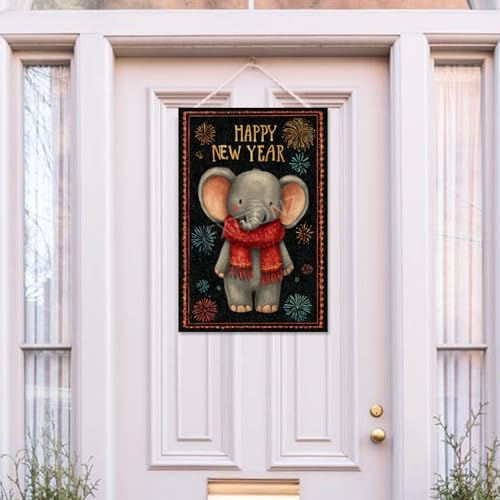 Happy New Year Garden Flag 12x18 Double Sided Vertical Linen Small Fireworks Elephant House Flag Welcome Holiday Winter House Outdoor Outside Decorations (27167)