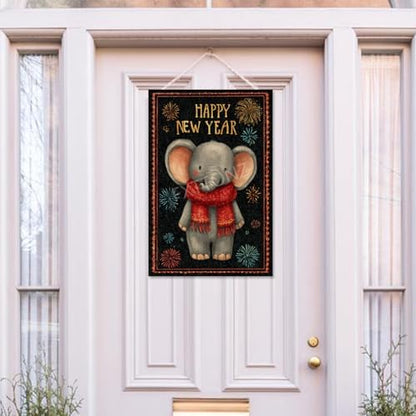 Happy New Year Garden Flag 12x18 Double Sided Vertical Linen Small Fireworks Elephant House Flag Welcome Holiday Winter House Outdoor Outside Decorations (27167)