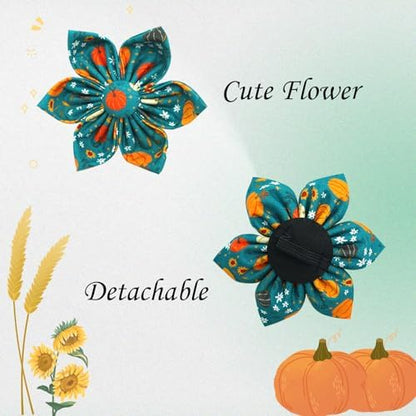 Dog Collar Autumn Green Pumpkin Print Pet Collar Fall Soft Cute Dog Collars with Flower Adjustable Metal Buckle Collar for Medium Dogs
