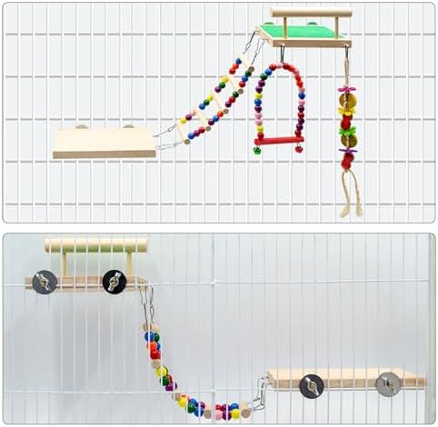 5 Pack Bird Cage Accessories, Multicolor Wooden Enrichment Playground with Swing Perch, Bridge, Chew Toys, Bird Supplies for Budgies, Cockatiels, Lovebirds, Small to Medium Birds