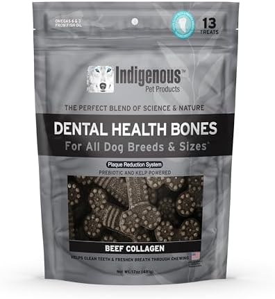 Indigenous Pet Dental Health Bones Regular – Beef Collagen (17 Ounce) | Grain-Free Dog Chews with Prebiotics & Omegas | Freshens Breath, Supports Digestive, Skin & Coat Health |