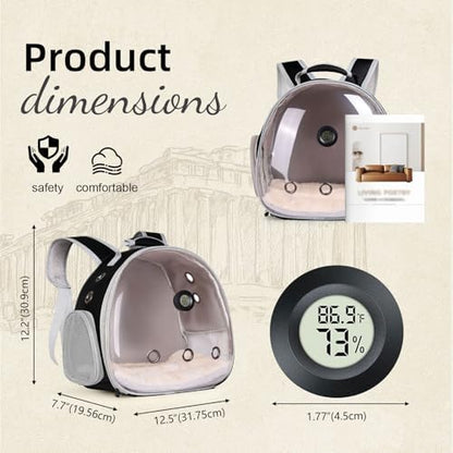 Reptile Travel Backpack Carrier with Reptile Thermometer and Humidity Gauge & Harness Leash Lizard Travel Cage Space Capsule Clear Bubble Window Astronaut Bearded Dragon Bag for Ball Python