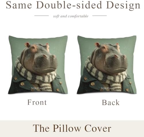 InkRain Winter Animal Cute Hippopotamus Pillow Cover 14x14 Inch Set of 2 Home Decor Decorative Cotton Linen Illustration Pillowcases for Living Room House Sofa
