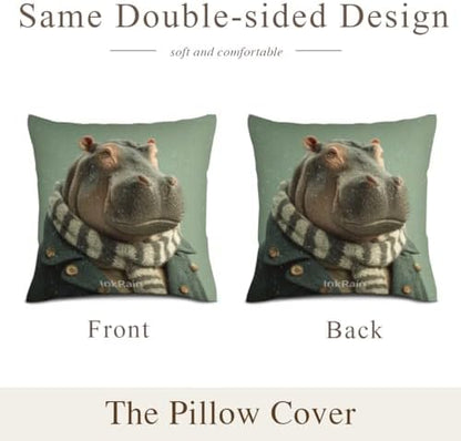 InkRain Winter Animal Cute Hippopotamus Pillow Cover 14x14 Inch Set of 2 Home Decor Decorative Cotton Linen Illustration Pillowcases for Living Room House Sofa