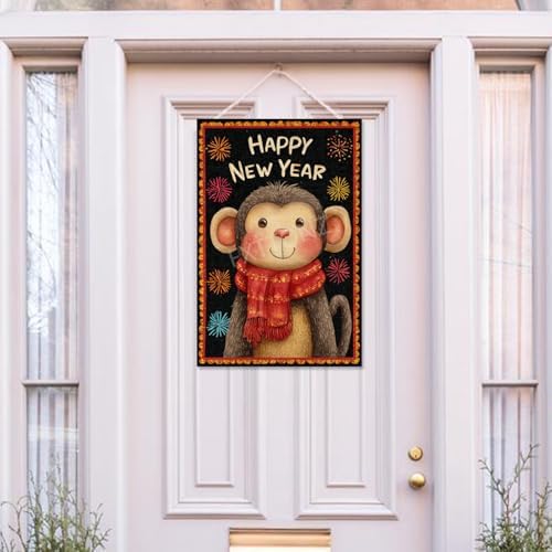 Happy New Year Garden Flag 12x18 Double Sided Vertical Linen Small Fireworks Monkey House Flag Welcome Holiday Winter House Outdoor Outside Decorations (27182)