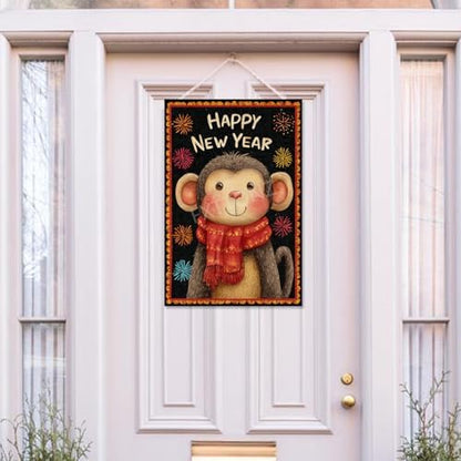 Happy New Year Garden Flag 12x18 Double Sided Vertical Linen Small Fireworks Monkey House Flag Welcome Holiday Winter House Outdoor Outside Decorations (27182)