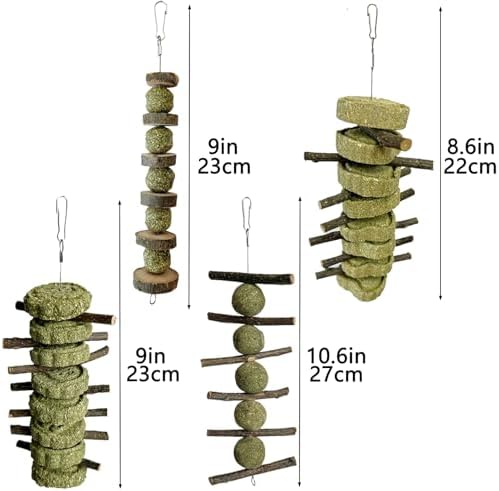 LWINGFLYER 4 Pack Bunny Chew Toys Apple Wood Chews Rabbit Cage Hanging Grass Cake Snack Treat for Teeth Grinding Improve Small Pet Guinea Pigs Chinchillas Hamsters Parrots Dental Health