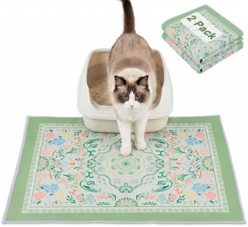 Bienbee Cat Litter Mat, 2PCS 28"x20" Machine Washable Litters Box Mats Non-Slip &Waterproof Cat Litters Trapping Mats Easy to Clean Mat for Litter Box Less Waste Protects Floors Bean Green Mandala M