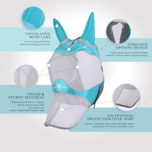 Harrison Howard Full Face Horse Fly Mask UV Protection and Breathable for Equine Use Comfortable Mint-Grey L