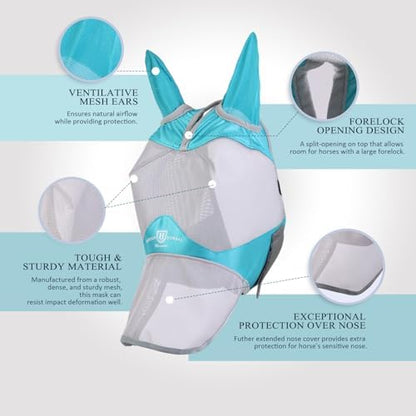 Harrison Howard Full Face Horse Fly Mask UV Protection and Breathable for Equine Use Comfortable Mint-Grey XL