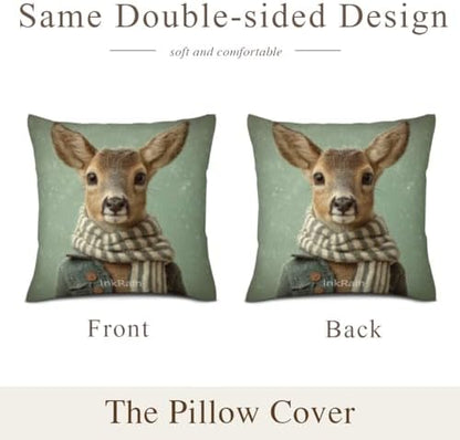 InkRain Winter Animal Cute Deer Pillow Cover 24x24 Inch Set of 2 Home Decor Decorative Cotton Linen Illustration Pillowcases for Living Room House Sofa