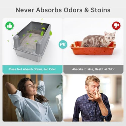 WoofiGo Enclosed Stainless Steel Cat Litter Box with Lid, XL Extra Large Litter Box for Big Cats, Metal Litter Pan High Sided, Never Absorbs Odors, Anti-Urine Leakage, Include Scoop (SH-Light Gray)