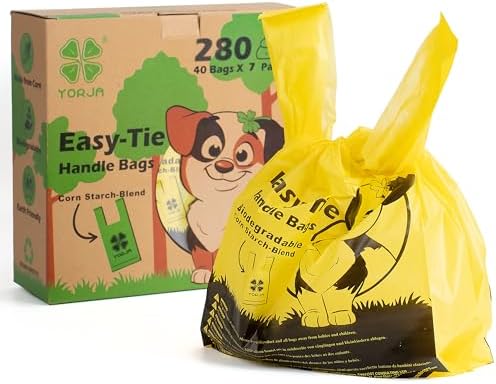 Tie Handles Dog Poop Bags, 280 Pet Waste Bags with OK BIOBASED Certificate, Thick and Strong 100% Leak-Proof Easy Tie Up Doggy Bags (Yellow)