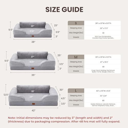 Orthopedic Dog Beds for Large Sized Dogs, Waterproof Egg-Crate Foam Pet Couch Bed with Soft Side, Non-Slip Dog Sofa with Flannel Removable Washable Cover, 35"L Supportive Pet Sofa, Light Grey