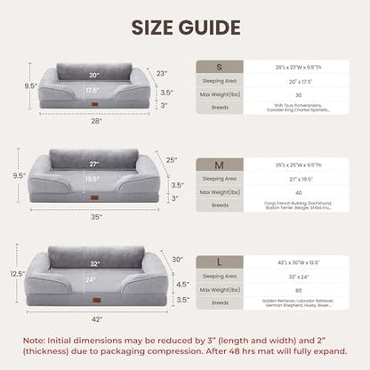 Orthopedic Dog Beds for Large Sized Dogs, Waterproof Egg-Crate Foam Pet Couch Bed with Soft Side, Non-Slip Dog Sofa with Flannel Removable Washable Cover, 35"L Supportive Pet Sofa, Light Grey