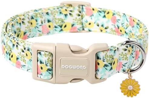 DOGWONG Flower Cotton Dog Collar, Spring Summer Cute Yellow Dog Collar Durable Soft Fabric Pet Dog Collars Female Girl Necklace for Small Medium Large Dogs