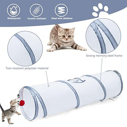 Sheldamy Cat Tunnel, 2-Way Cat Tunnels for Indoor Cats, Collapsible Cat Play Tunnel, Interactive Toy Maze Cat House with 1 Play Ball for Cats, Puppy, Kitty, Kitten, Rabbit (White & Grey)