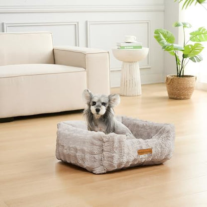 Modern Threads Brushed Long Pile Rabbit Fur Cuddler Dog Bed, Bolstered Supportive Sides, Calming Nest Design, Removable Washable Cover, Bed for Small to Medium Dogs, Stone, (24" L x 20" W x 8" Th)