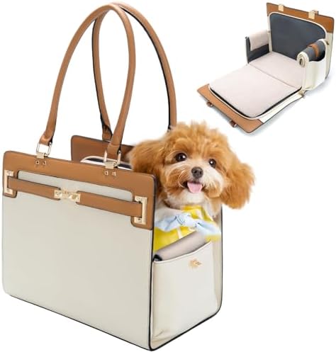 2-in-1 Stylish Dog Purse Carrier Soft-Sided Carriers Travel Tote Bag for Small Dogs Cats, Fashion Foldable Pet Bag for Puppies Small Animals with Pockets (Beige+Brown, 15" L x 7.5" W x 12.2" H)