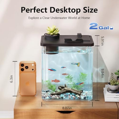 2 Gallon Betta Fish Tank Aquarium Starter Kit with Light and Lid(Black)