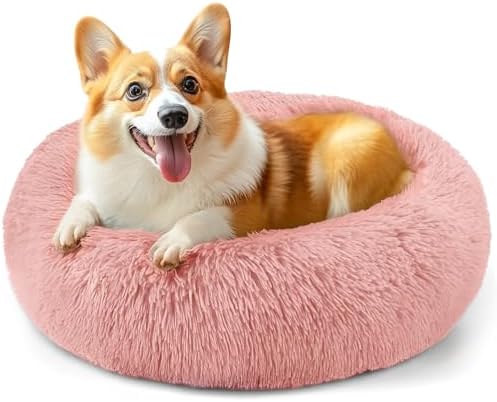 28in Large Dog Bed, Calming Donut Bed for Puppy and Kitten (Pink)
