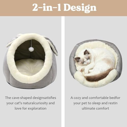 Cat Beds for Indoor Cats-Rabbit-Shaped Cat Cave Bed with Hanging Toy,Grey L
