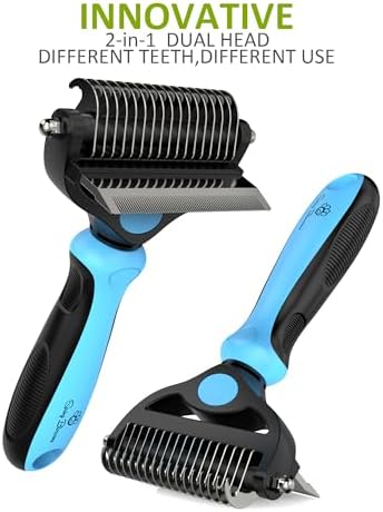 Spring Blossoms-2 in 1 Professional Grooming Rake for Cats & Dogs-Dematting Comb for Easy Mats & Tangles Removing,Pet Brush Safe No More Nasty Shedding and Flying Hair (Blue)
