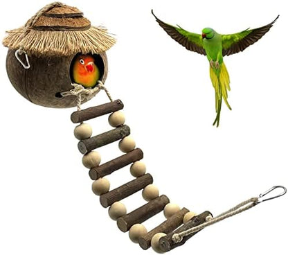 Tfwadmx Hanging Bird House with Ladder Natural Coconut Fiber Birds Nest Coco Shell Hideaway Lovebird Swing Toys Parrot Cage Accessories for Parakeet Finch Parrot Canary