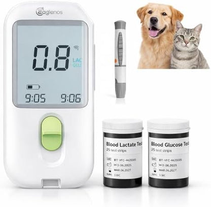 Pet Glucose & Lactate Monitor Kit, Pet Blood Analyzer for Dogs & Cats with Meter, 25 Glucose Strips & 25 Lactate Strips, Fast 10s Results, 0.8µL Sample for Horse Training, Equine Performance & Working Dog Training