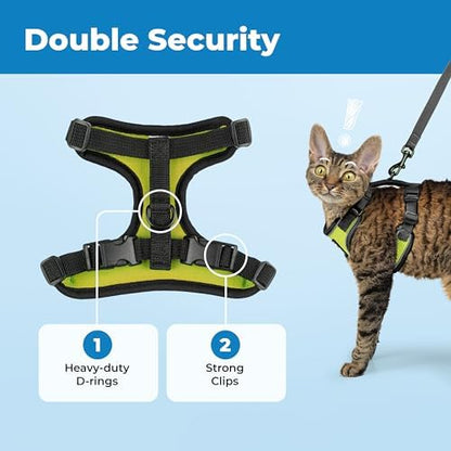 Voyager Escape-Proof Step-in Lock Cat Harness & 5ft Neoprene-Handle Leash Set All-Weather Mesh with Reflective Stitching for Small to Large Cats by Best Pet Supplies, Black Trim-Lime (327), S