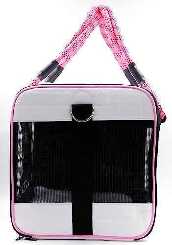 Buddy's Best Airline Approved Pet Carrier – White & Pink Heavy Duty, Fits Under Seat, TSA Compliant, Ventilated Mesh Design w/Waterproof Base & Reflective Safety Strips
