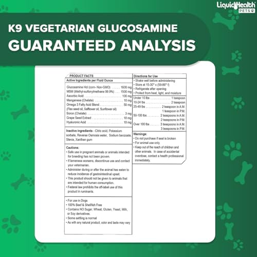 LIQUIDHEALTH Pets K9 Vegetarian Liquid Glucosamine Juice for All Dogs Canines with Chondroitin, MSM, Omega 3, Antioxidants, Hyaluronic Acid - Dog Vitamin Oil for Hip & Joint Health - USA Made (3 Pack)