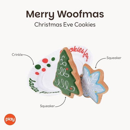 P.L.A.Y. Cute Plush Dog Toys - Merry Woofmas Christmas Themed Durable Squeaker Chew Toy, Great for Puppies & Small, Medium, Large Dogs - Machine Washable, Recycled Materials (Christmas Eve Cookies)